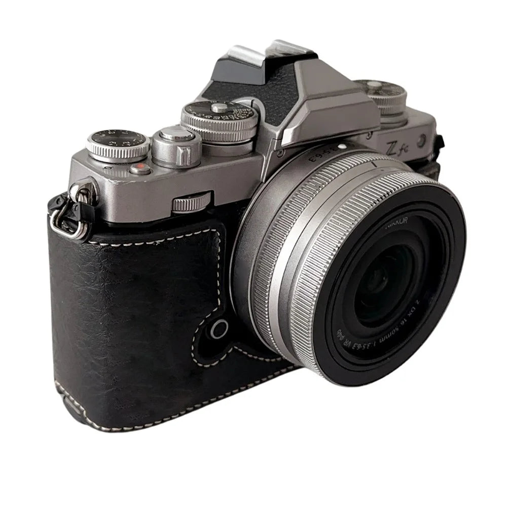 For Nikon Z Fc Buffalo Texture PU Leather Bottom Case Half Body Camera Cover with Battery Opening - Black - 3