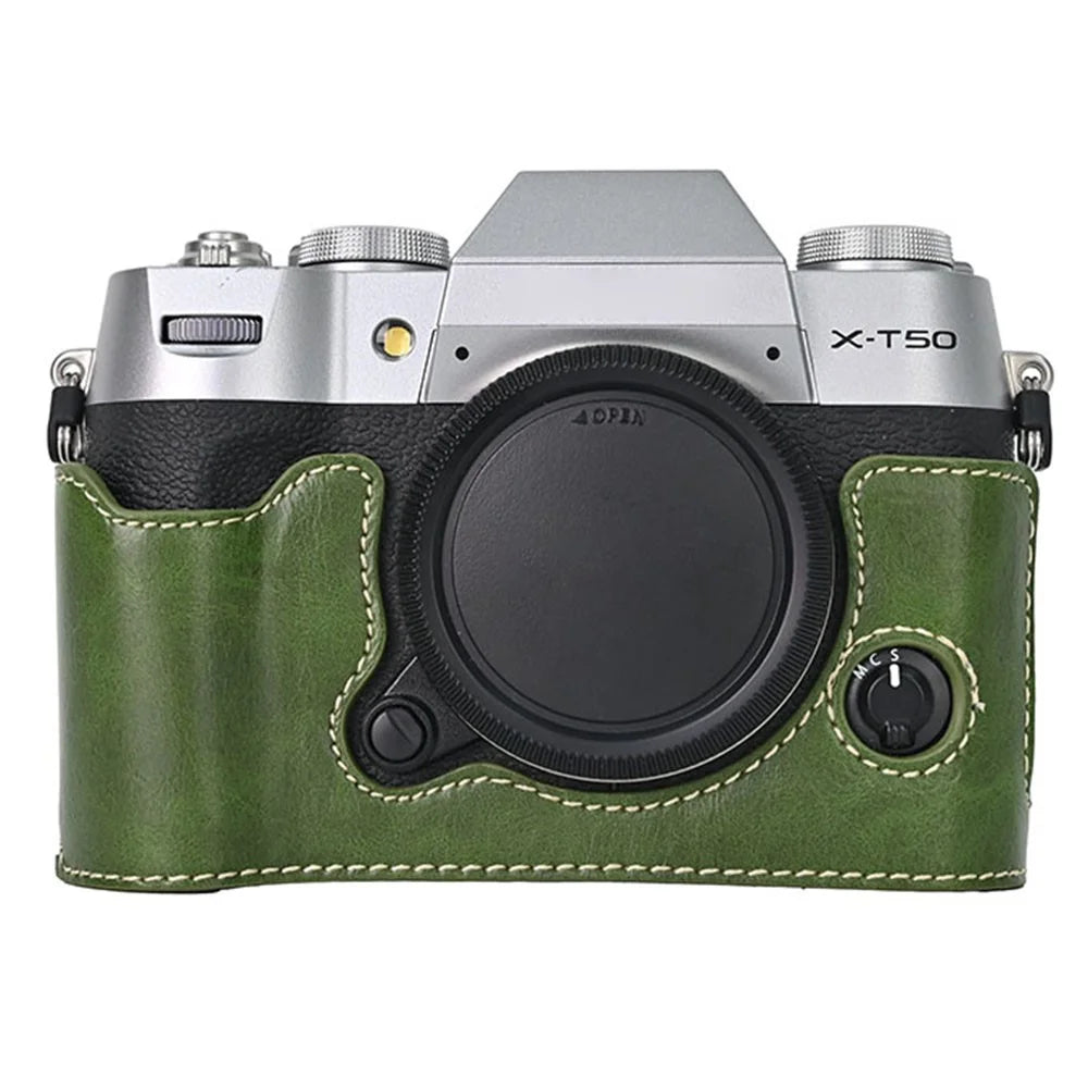 For Fujifilm X-T50 PU Leather Half Case Grip Digital Camera Bag Cover with Opening Bottom - Green - 1