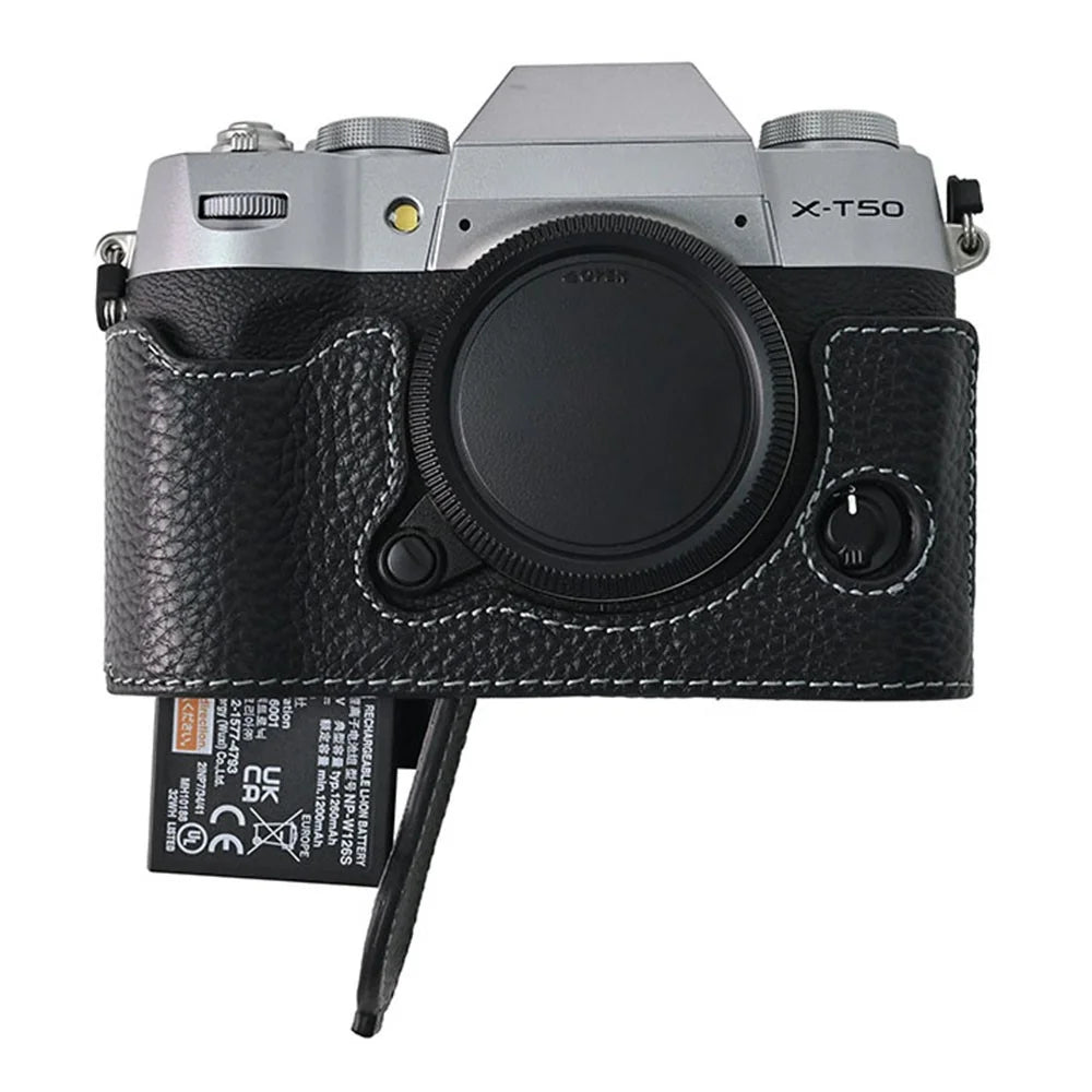 For Fujifilm X-T50 Camera Case Large Opening Genuine Cow Leather Protector with Shoulder Strap - Black - 6