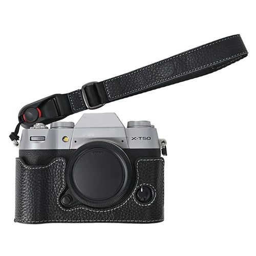 For Fujifilm X-T50 Camera Case Large Opening Genuine Cow Leather Protector with Wrist Strap - Black - 1
