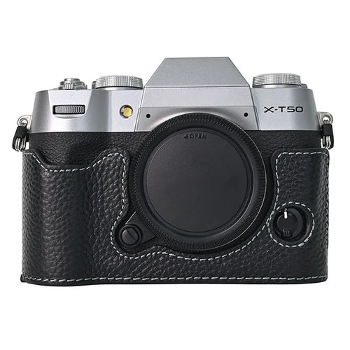For Fujifilm X-T50 Camera Bottom Cover Case Large Opening Design Genuine Cow Leather Protector - Black - 1