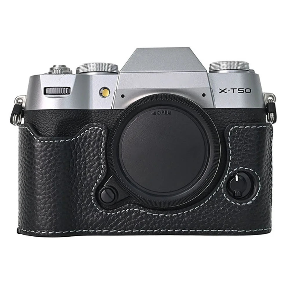 For Fujifilm X-T50 Camera Bottom Cover Case Large Opening Design Genuine Cow Leather Protector - Black - 1