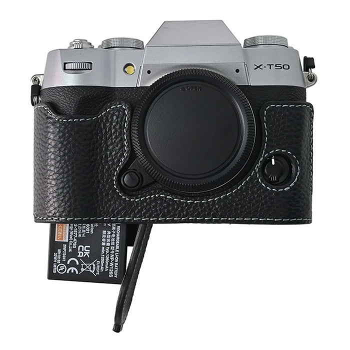 For Fujifilm X-T50 Camera Bottom Cover Case Large Opening Design Genuine Cow Leather Protector - Black - 5