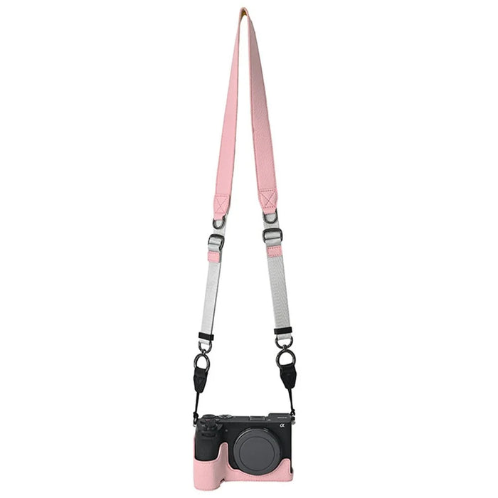 For Sony A6700 Camera Case Large Cutout PU Leather Protector with Shoulder Strap - Pink - 1