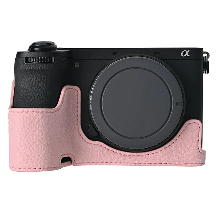 For Sony A6700 Camera Case Large Cutout PU Leather Protector with Shoulder Strap - Pink - 2