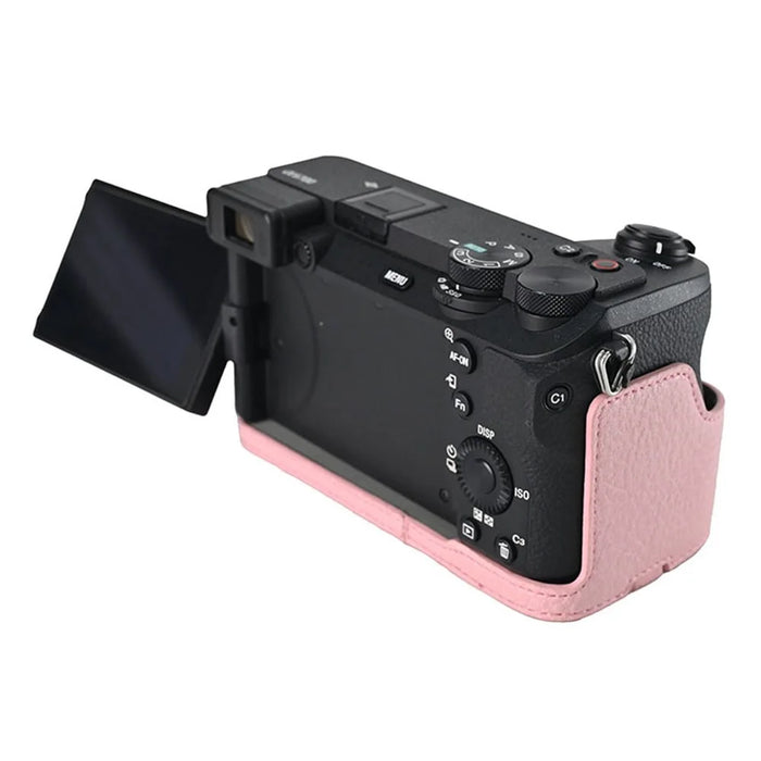 For Sony A6700 Camera Case Large Cutout PU Leather Protector with Shoulder Strap - Pink - 5