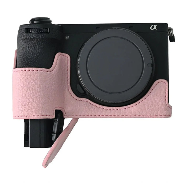 For Sony A6700 Camera Case Large Cutout PU Leather Protector with Shoulder Strap - Pink - 7
