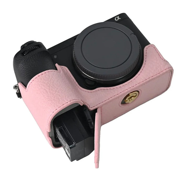 For Sony A6700 Camera Case Large Cutout Litchi Texture PU Leather Protector - Pink - 7