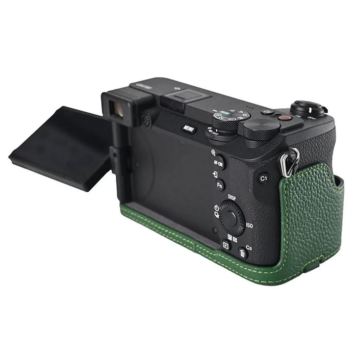 For Sony A6700 Camera Bottom Cover Case Large Opening Design Genuine Cow Leather Protector - Green - 4