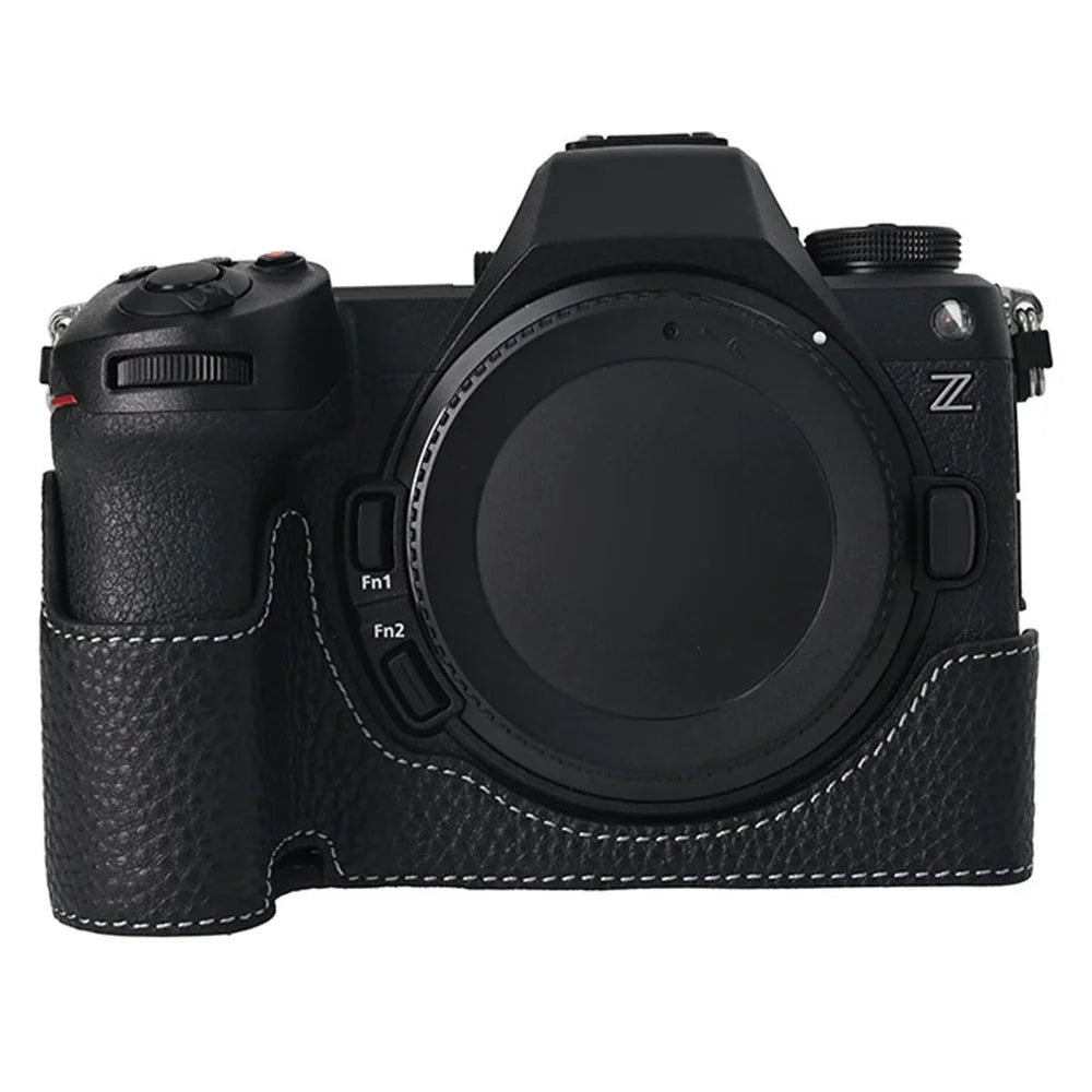 For Nikon Z6 III Camera Case Large Cutout Genuine Cow Leather Protective Cover - Black - 1