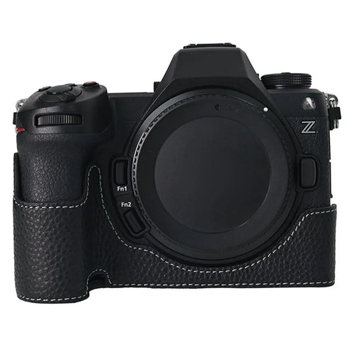 For Nikon Z6 III Camera Case Large Cutout Genuine Cow Leather Protective Cover - Black - 1