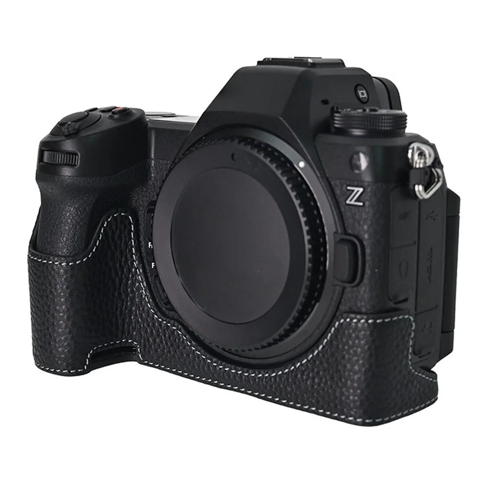 For Nikon Z6 III Camera Case Large Cutout Genuine Cow Leather Protective Cover - Black - 2