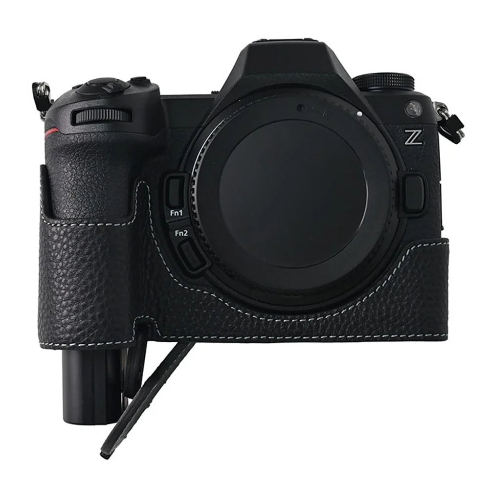 For Nikon Z6 III Camera Case Large Cutout Genuine Cow Leather Protective Cover - Black - 6