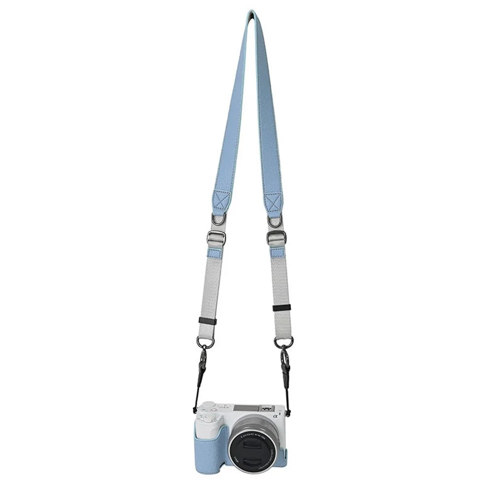 For Sony Alpha ZV-E10 II Camera Case with Shoulder Strap Large Cutout Litchi Texture PU Protective Cover - Blue - 1