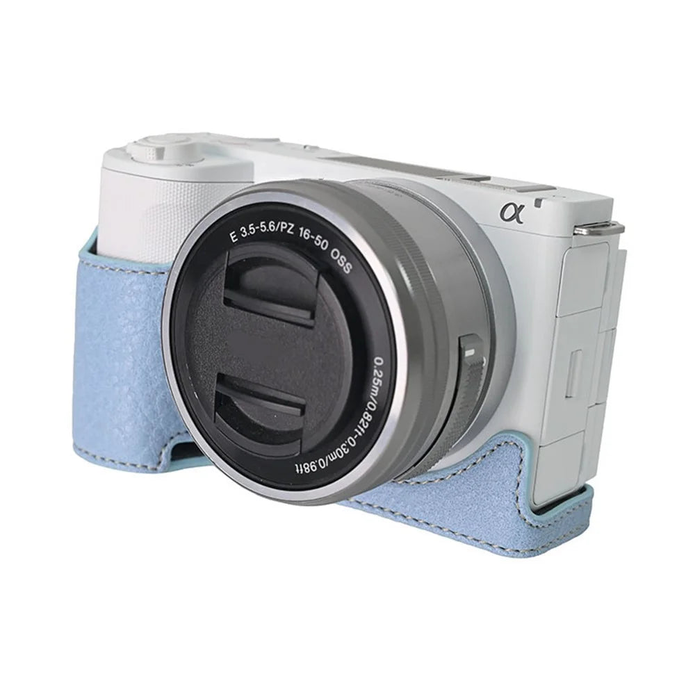 For Sony Alpha ZV-E10 II Camera Case with Shoulder Strap Large Cutout Litchi Texture PU Protective Cover - Blue - 3
