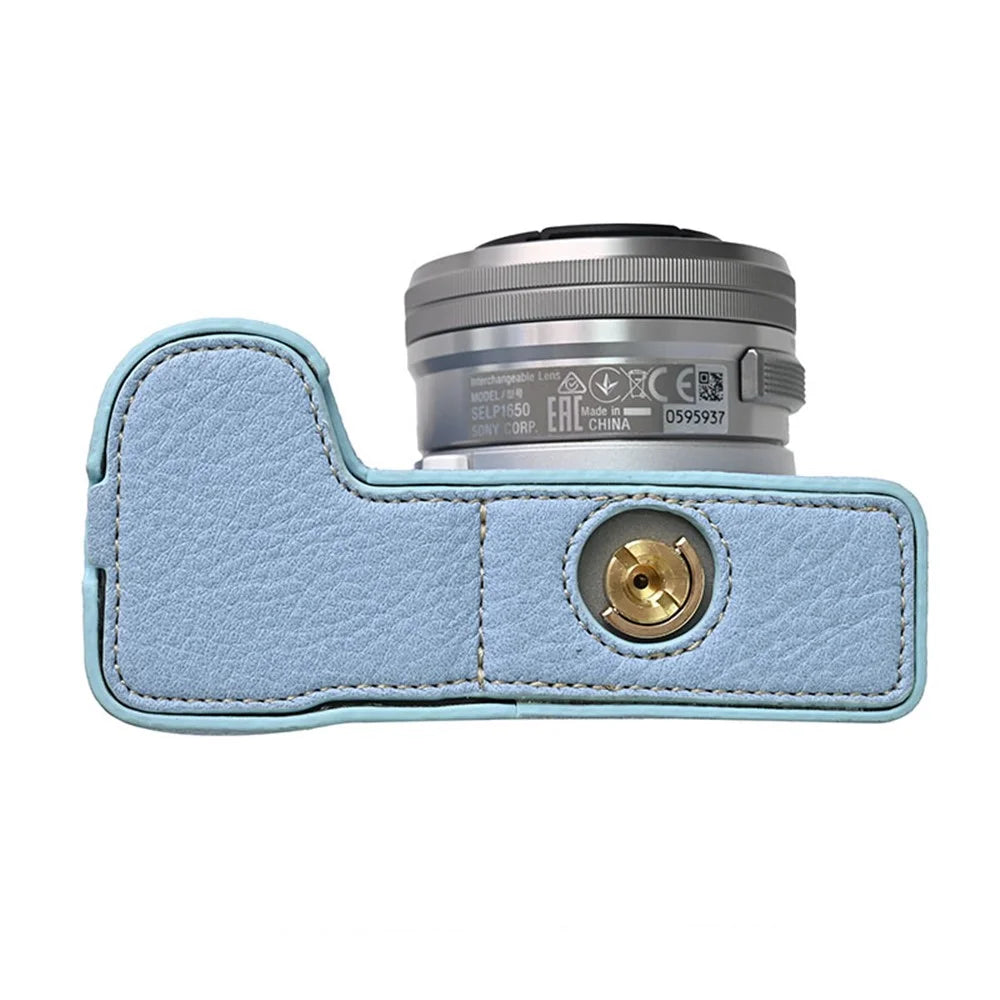 For Sony Alpha ZV-E10 II Camera Case with Shoulder Strap Large Cutout Litchi Texture PU Protective Cover - Blue - 5
