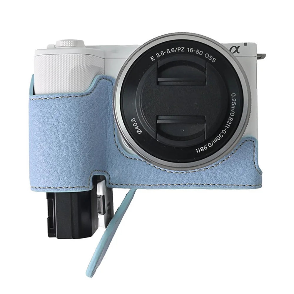 For Sony Alpha ZV-E10 II Camera Case with Shoulder Strap Large Cutout Litchi Texture PU Protective Cover - Blue - 6