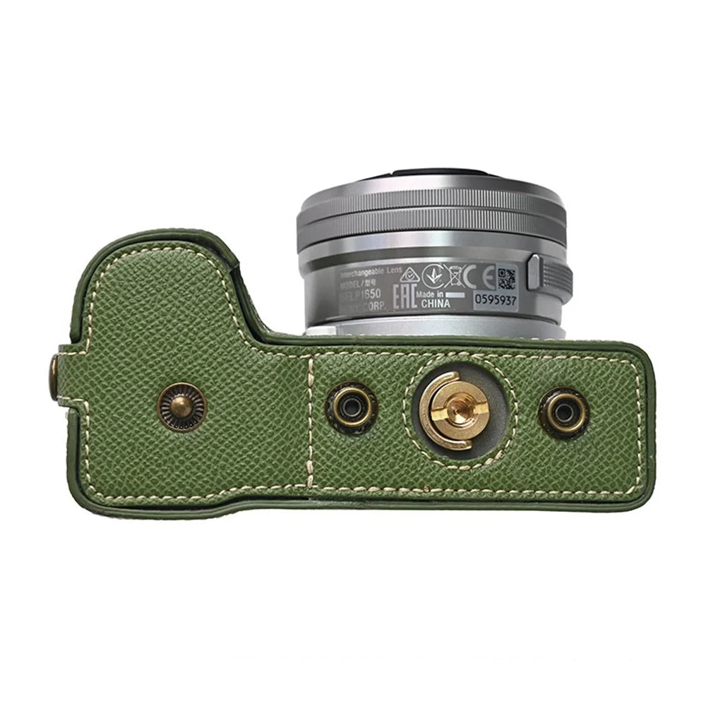 For Sony Alpha ZV-E10 II Textured PU Leather Camera Case with Battery Hole + Strap + Lens Storage Bag - Green - 4