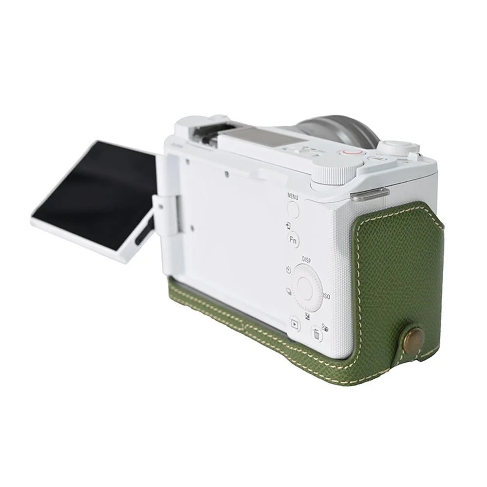 For Sony Alpha ZV-E10 II Textured PU Leather Camera Case with Battery Hole + Strap + Lens Storage Bag - Green - 5