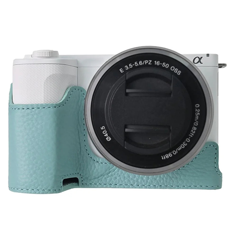For Sony Alpha ZV-E10 II Camera Case Large Cutout Genuine Cow Leather Protective Cover - Blue - 1