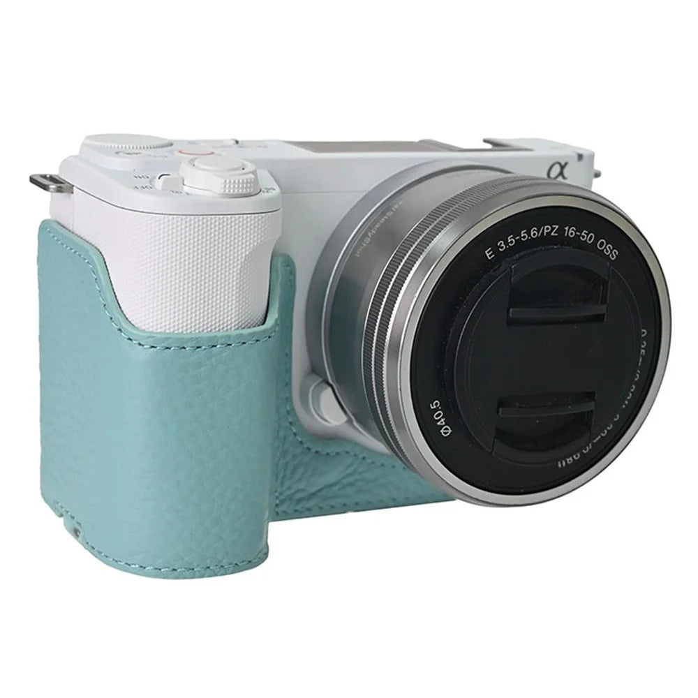 For Sony Alpha ZV-E10 II Camera Case Large Cutout Genuine Cow Leather Protective Cover - Blue - 5