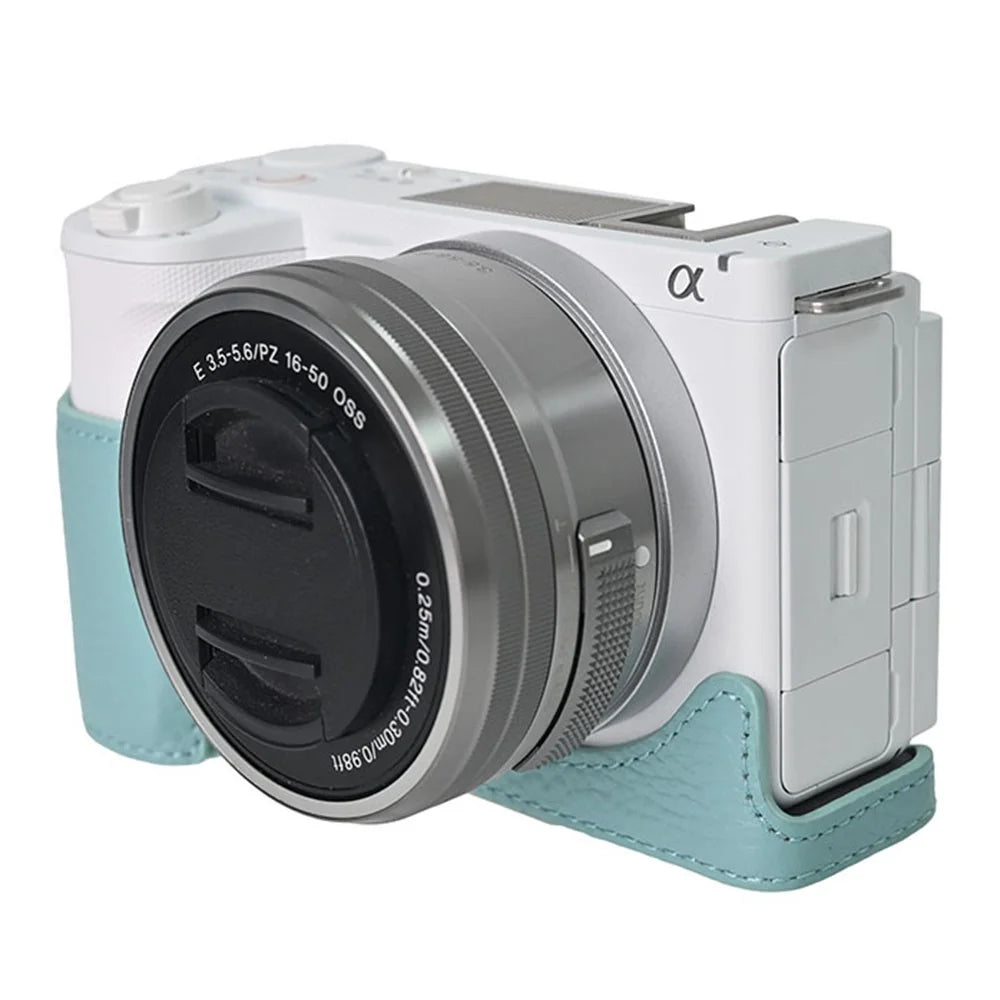 For Sony Alpha ZV-E10 II Camera Case Large Cutout Genuine Cow Leather Protective Cover - Blue - 6