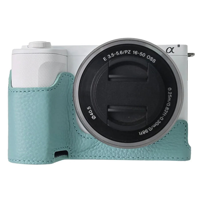 For Sony Alpha ZV-E10 II Camera Case Large Opening Genuine Cow Leather Protector with Shoulder Strap - Blue - 5