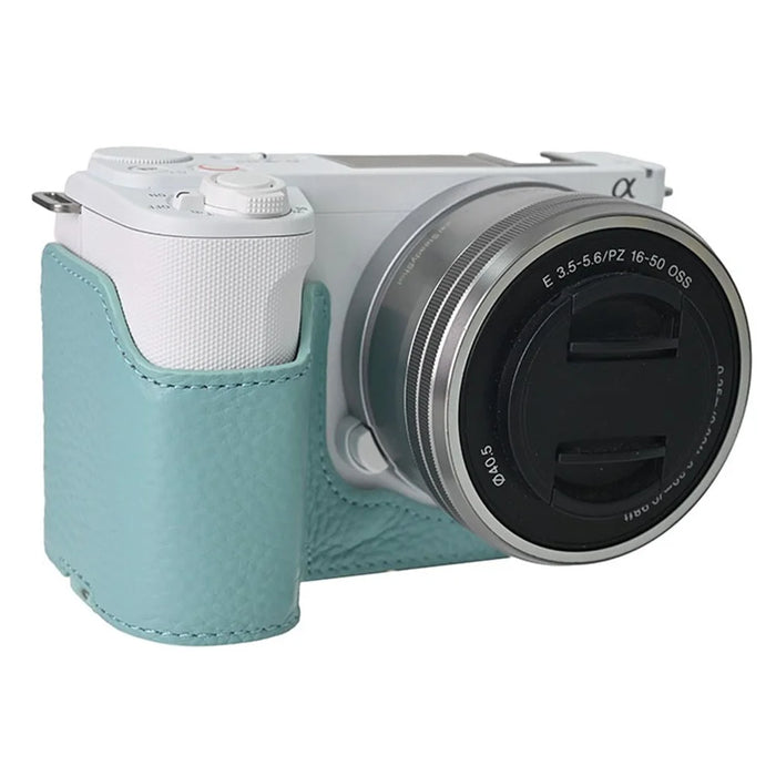For Sony Alpha ZV-E10 II Camera Case Large Opening Genuine Cow Leather Protector with Shoulder Strap - Blue - 6