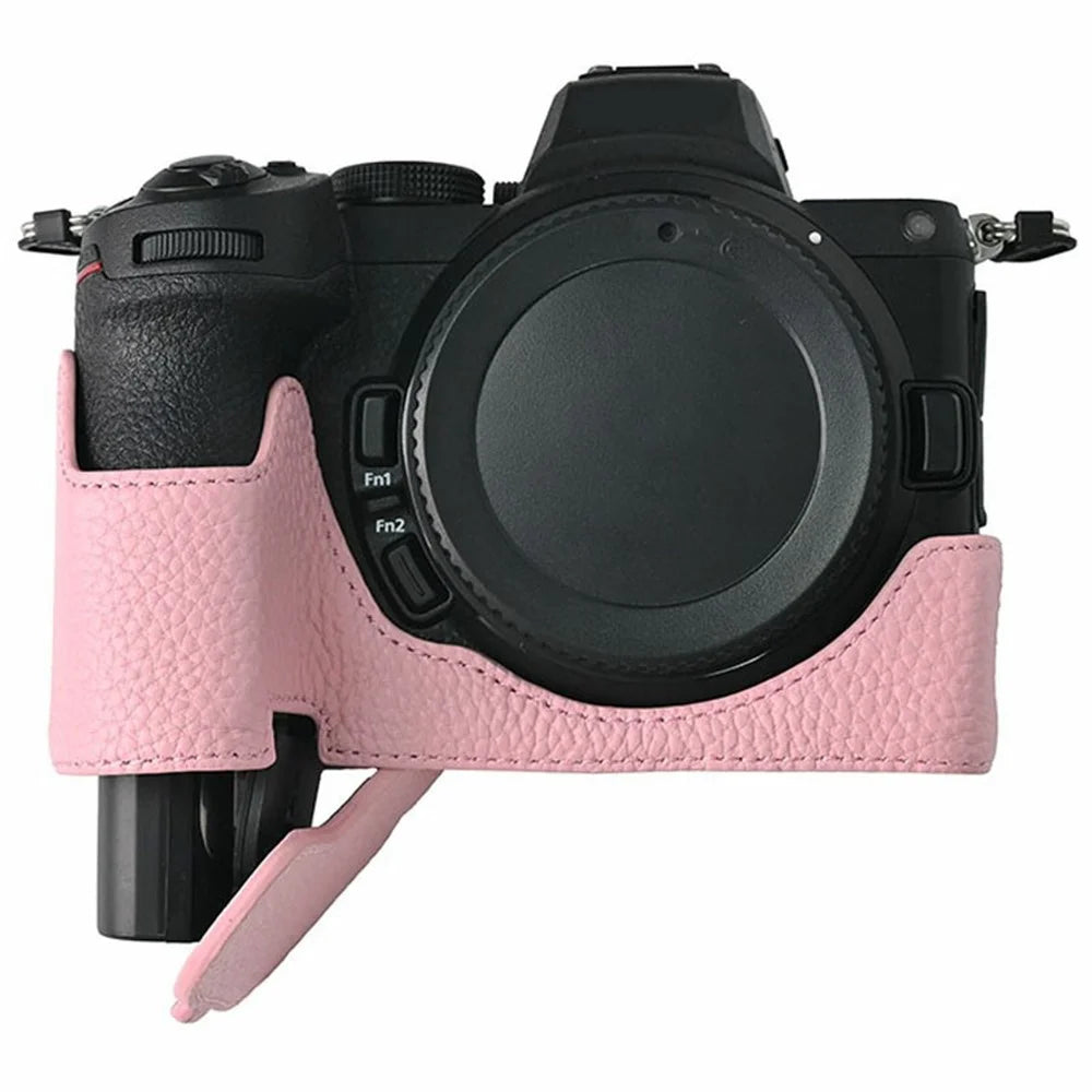 For Nikon Z 5 / Z 6 II / Z 7 II Camera Case Large Cutout Genuine Cow Leather Protective Cover - Pink - 6