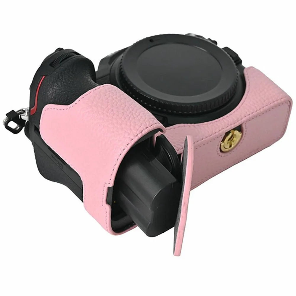 For Nikon Z 5 / Z 6 II / Z 7 II Camera Case Large Cutout Genuine Cow Leather Protective Cover - Pink - 7