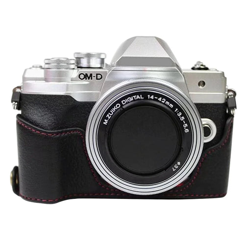 For Olympus OM-D E-M10 Mark IV Camera Case Large Opening Genuine Cow Leather Protective Cover - Black - 1