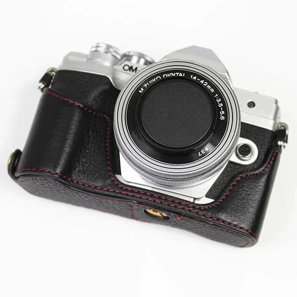 For Olympus OM-D E-M10 Mark IV Camera Case Large Opening Genuine Cow Leather Protective Cover - Black - 2