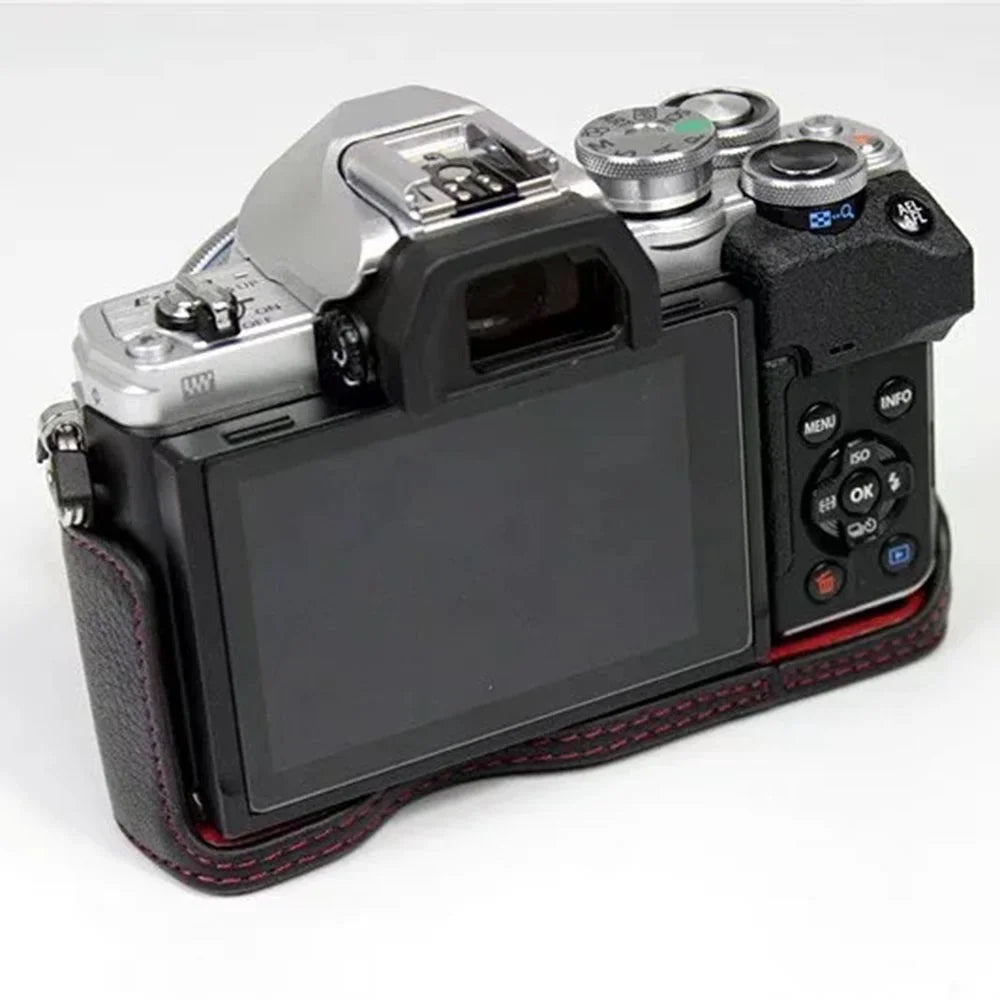 For Olympus OM-D E-M10 Mark IV Camera Case Large Opening Genuine Cow Leather Protective Cover - Black - 4