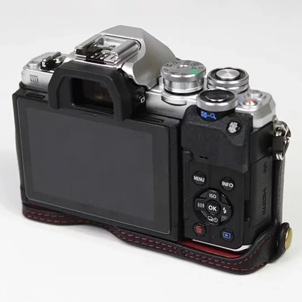 For Olympus OM-D E-M10 Mark IV Camera Case Large Opening Genuine Cow Leather Protective Cover - Black - 5