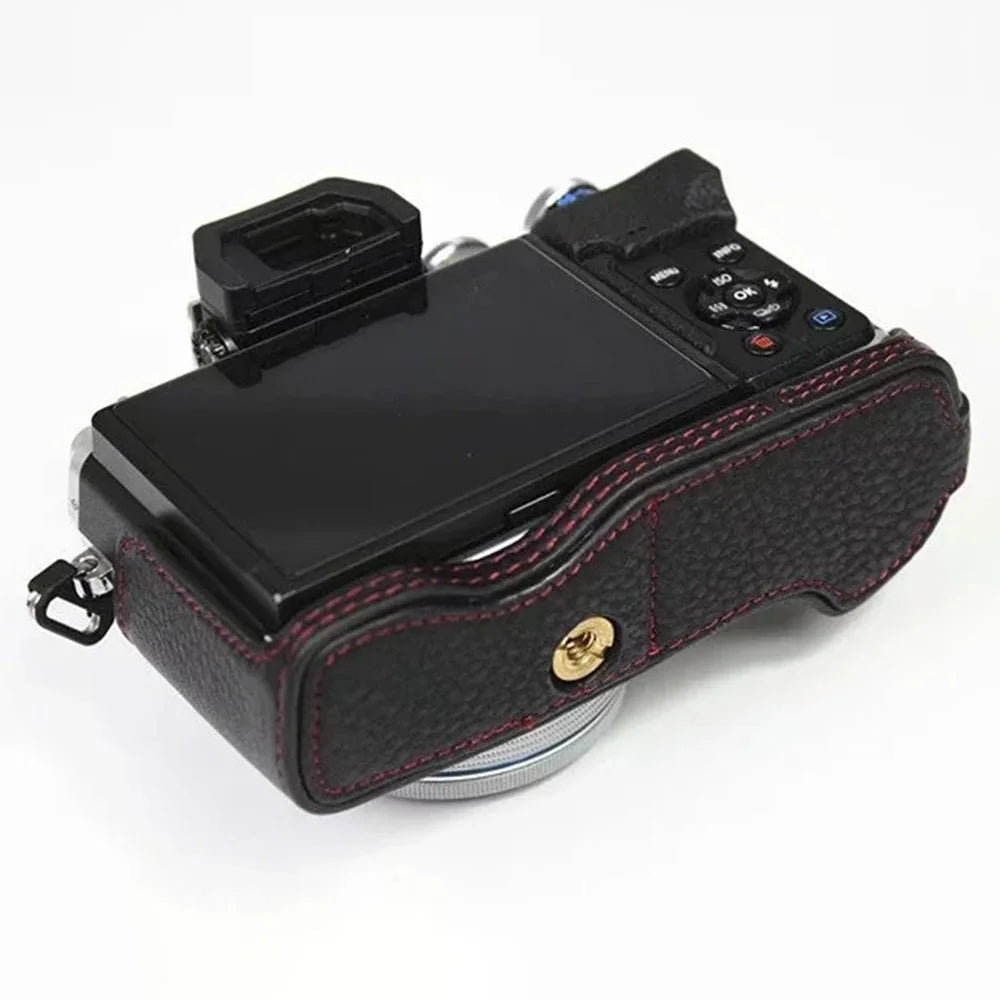 For Olympus OM-D E-M10 Mark IV Camera Case Large Opening Genuine Cow Leather Protective Cover - Black - 6