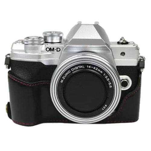 For Olympus OM-D E-M10 Mark IV Camera Case Leather Bottom Case Easy to Replace Battery - Black - 1