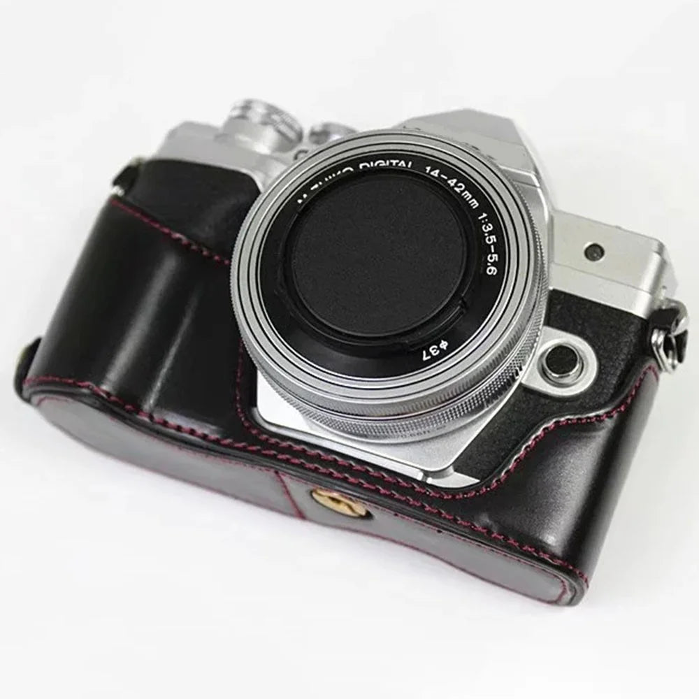 For Olympus OM-D E-M10 Mark IV Camera Case Leather Bottom Case Easy to Replace Battery - Black - 2