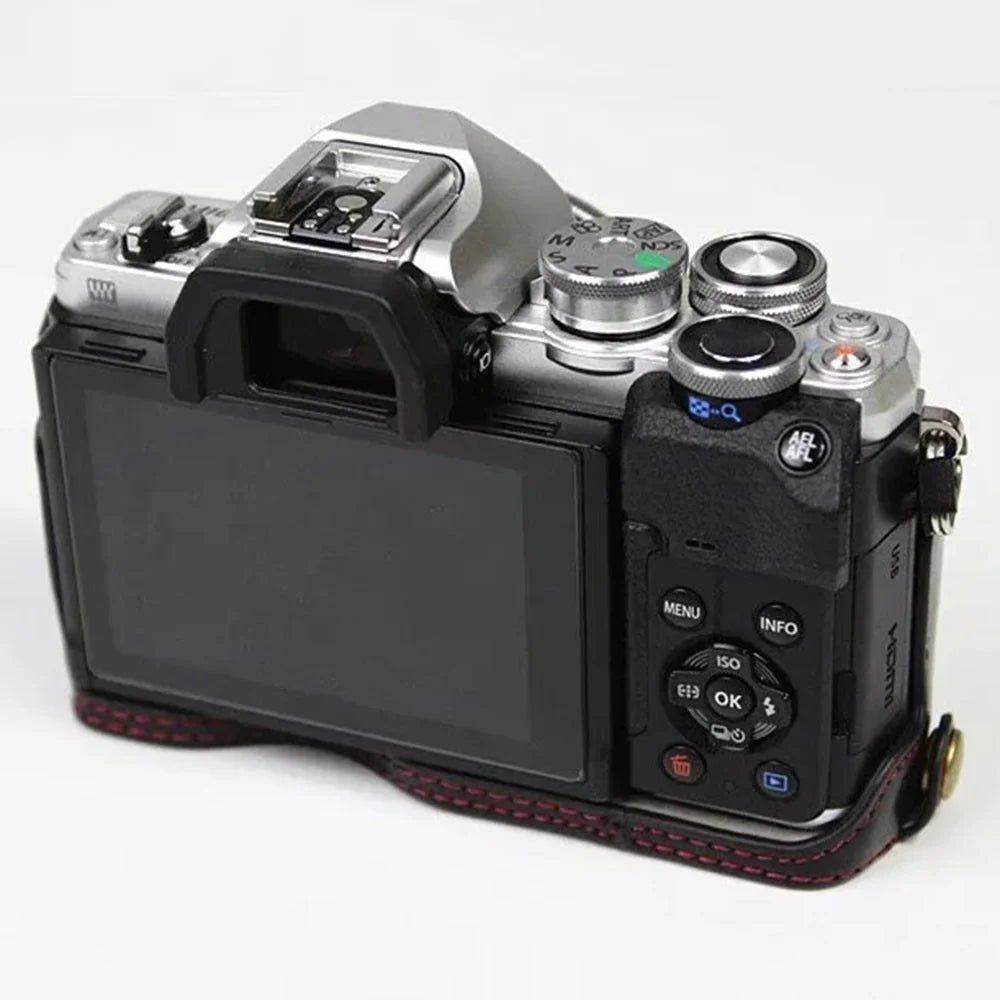For Olympus OM-D E-M10 Mark IV Camera Case Leather Bottom Case Easy to Replace Battery - Black - 3