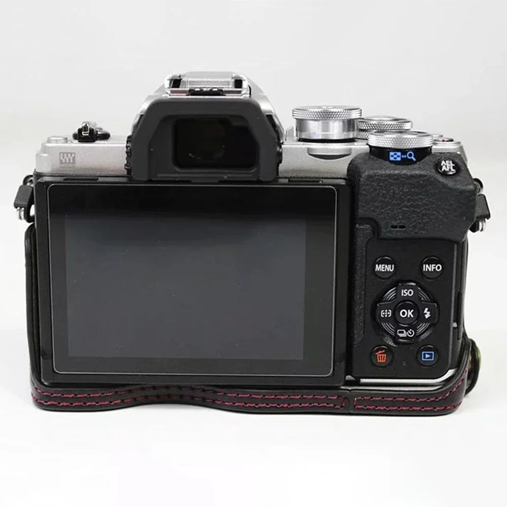 For Olympus OM-D E-M10 Mark IV Camera Case Leather Bottom Case Easy to Replace Battery - Black - 5