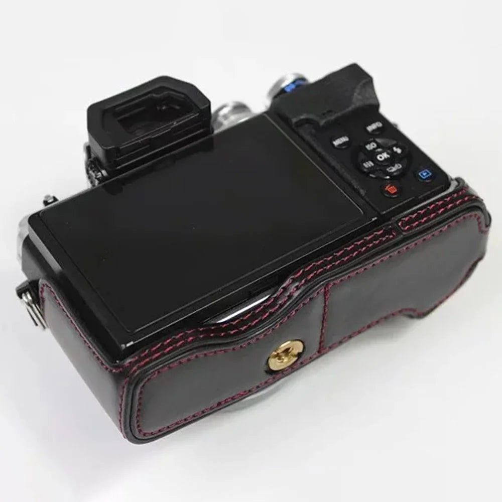 For Olympus OM-D E-M10 Mark IV Camera Case Leather Bottom Case Easy to Replace Battery - Black - 6