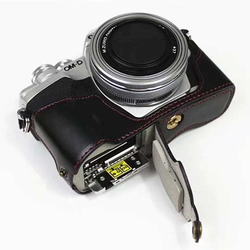 For Olympus OM-D E-M10 Mark IV Camera Case Leather Bottom Case Easy to Replace Battery - Black - 7