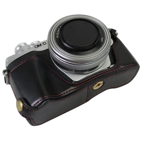 For Olympus OM-D E-M10 Mark III Camera Case PU Leather Half Cover with Battery Opening Bottom - Black - 1