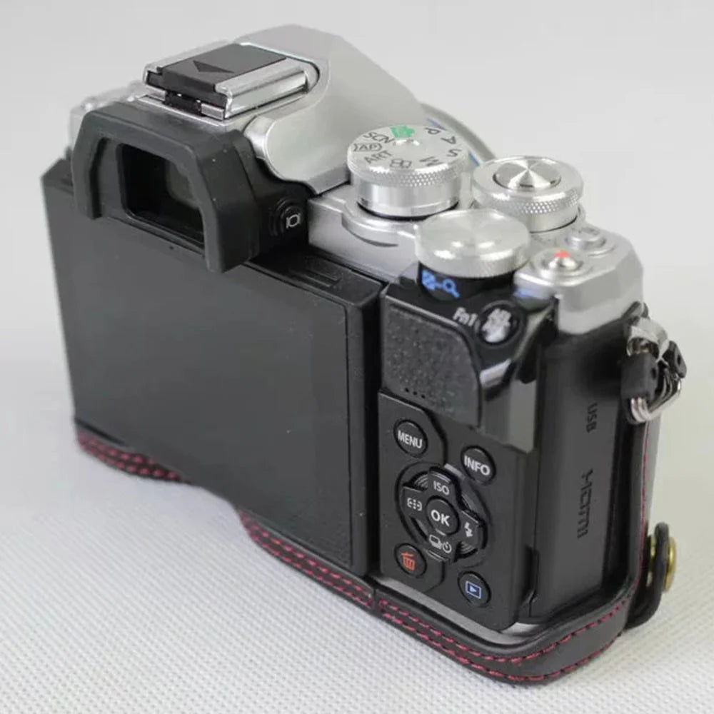 For Olympus OM-D E-M10 Mark III Camera Case PU Leather Half Cover with Battery Opening Bottom - Black - 4