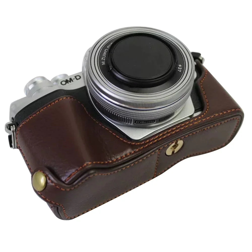 For Olympus OM-D E-M10 Mark III Camera Case Genuine Leather Bottom Case Easy to Replace Battery - Coffee - 1