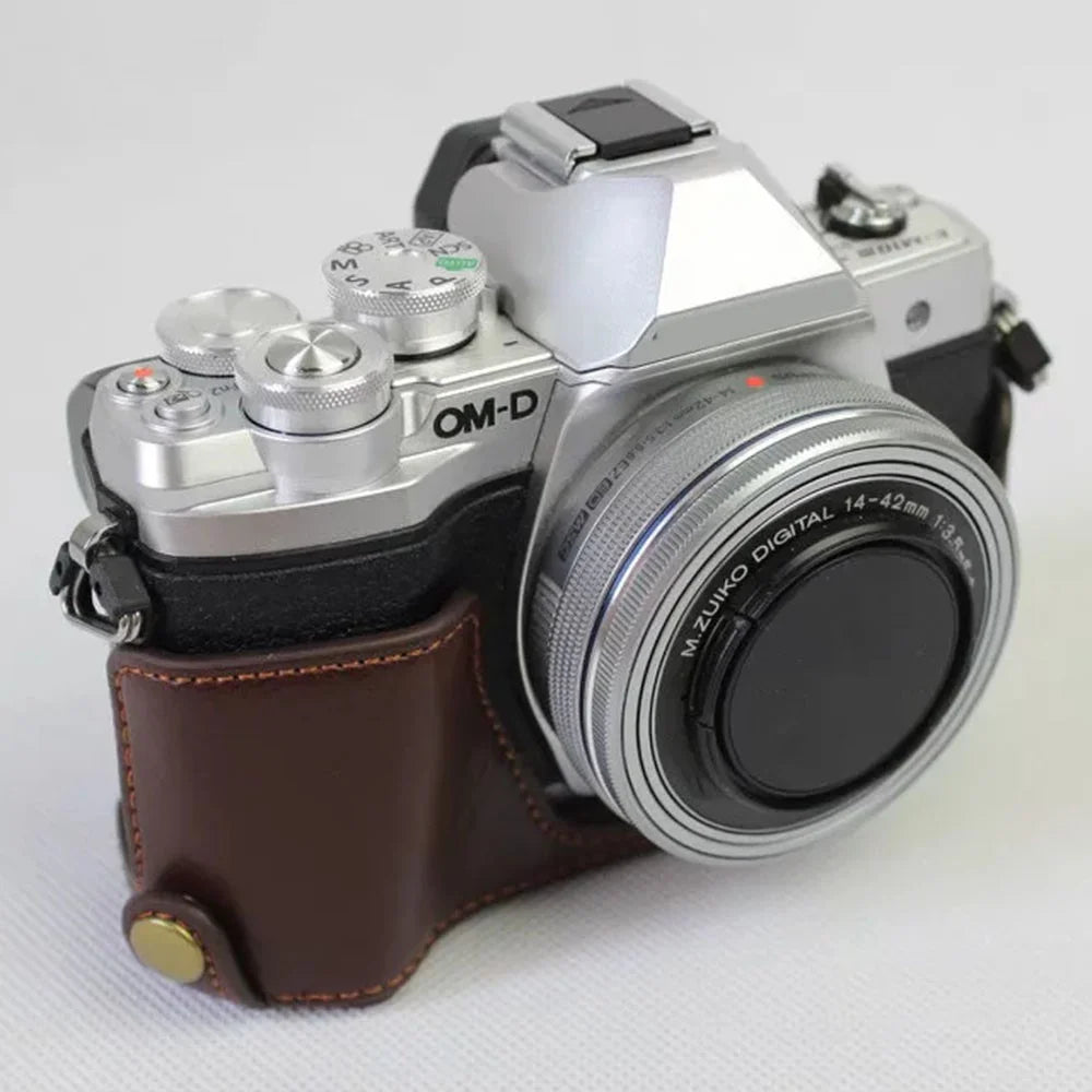 For Olympus OM-D E-M10 Mark III Camera Case Genuine Leather Bottom Case Easy to Replace Battery - Coffee - 3