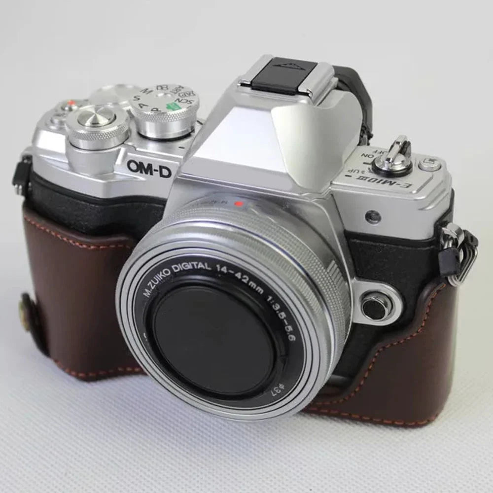 For Olympus OM-D E-M10 Mark III Camera Case Genuine Leather Bottom Case Easy to Replace Battery - Coffee - 4