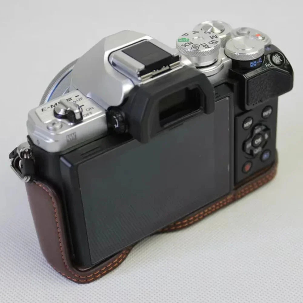 For Olympus OM-D E-M10 Mark III Camera Case Genuine Leather Bottom Case Easy to Replace Battery - Coffee - 6