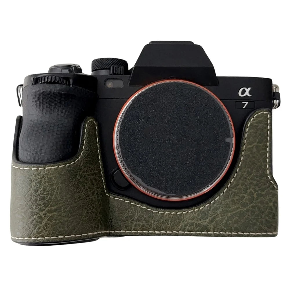 For Sony A7R V / A7 IV / A7S III / Alpha 1 Case Buffalo Texture PU Leather Bottom Case Half Body Camera Cover with Battery Opening - Green - 1