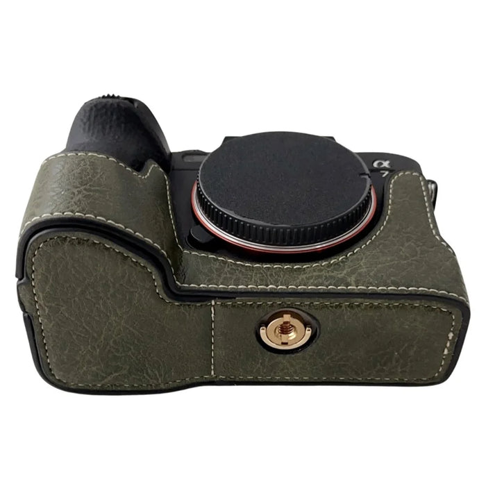For Sony A7R V / A7 IV / A7S III / Alpha 1 Case Buffalo Texture PU Leather Bottom Case Half Body Camera Cover with Battery Opening - Green - 2