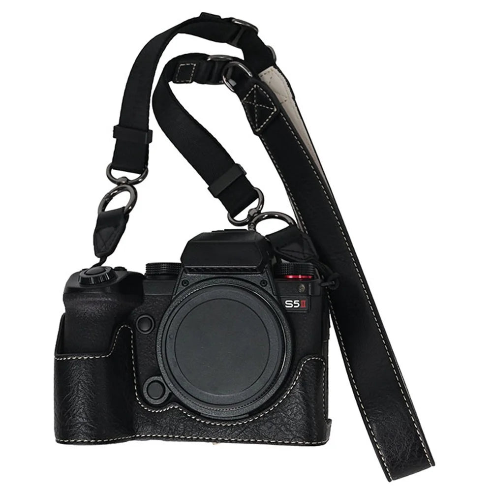 For Panasonic Lumix S5 / S5 II Camera Case with Shoulder Strap Large Cutout Litchi Texture PU Protective Cover - Black - 2